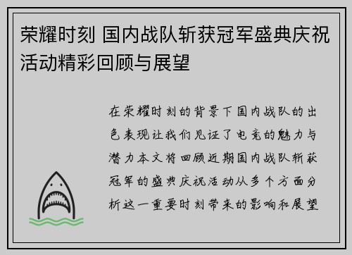 荣耀时刻 国内战队斩获冠军盛典庆祝活动精彩回顾与展望