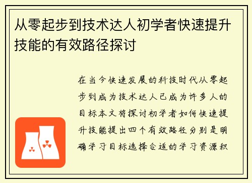 从零起步到技术达人初学者快速提升技能的有效路径探讨