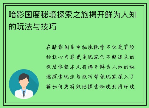 暗影国度秘境探索之旅揭开鲜为人知的玩法与技巧