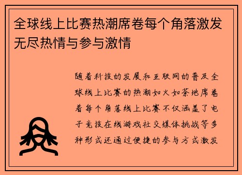 全球线上比赛热潮席卷每个角落激发无尽热情与参与激情