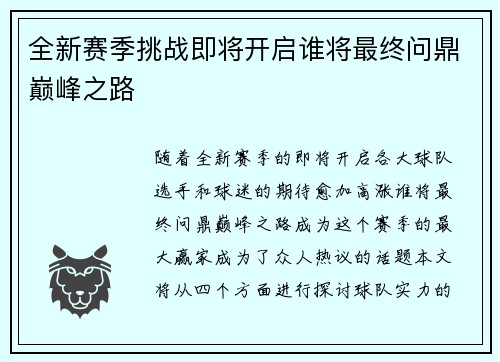 全新赛季挑战即将开启谁将最终问鼎巅峰之路