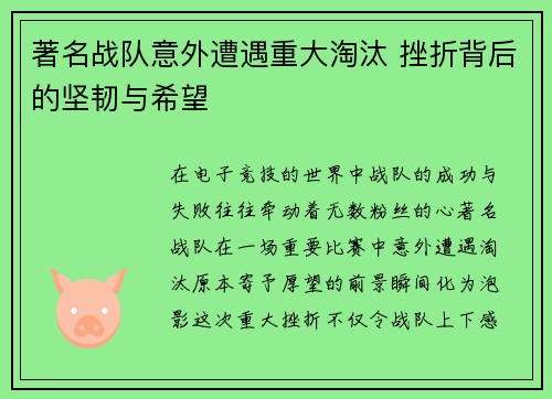 著名战队意外遭遇重大淘汰 挫折背后的坚韧与希望