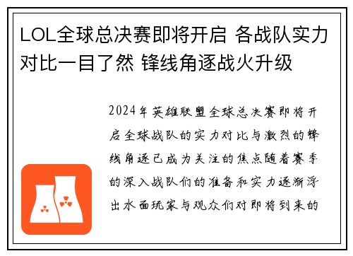 LOL全球总决赛即将开启 各战队实力对比一目了然 锋线角逐战火升级
