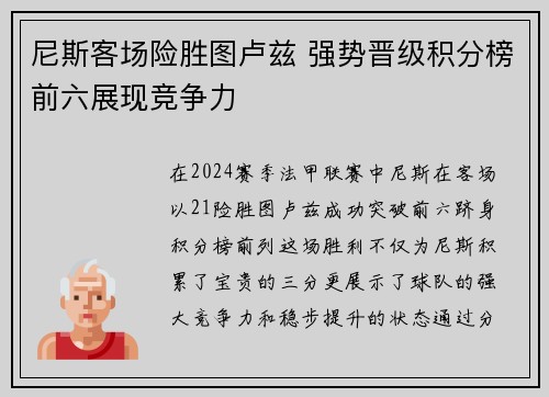尼斯客场险胜图卢兹 强势晋级积分榜前六展现竞争力