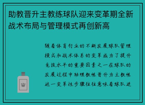 助教晋升主教练球队迎来变革期全新战术布局与管理模式再创新高