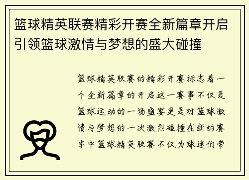 篮球精英联赛精彩开赛全新篇章开启引领篮球激情与梦想的盛大碰撞