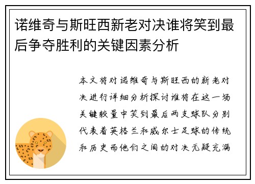 诺维奇与斯旺西新老对决谁将笑到最后争夺胜利的关键因素分析