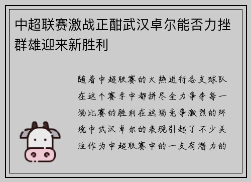中超联赛激战正酣武汉卓尔能否力挫群雄迎来新胜利