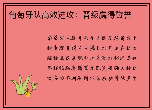 葡萄牙队高效进攻：晋级赢得赞誉