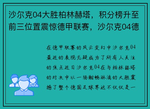 沙尔克04大胜柏林赫塔，积分榜升至前三位置震惊德甲联赛，沙尔克04德乙