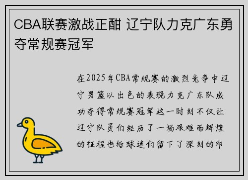 CBA联赛激战正酣 辽宁队力克广东勇夺常规赛冠军