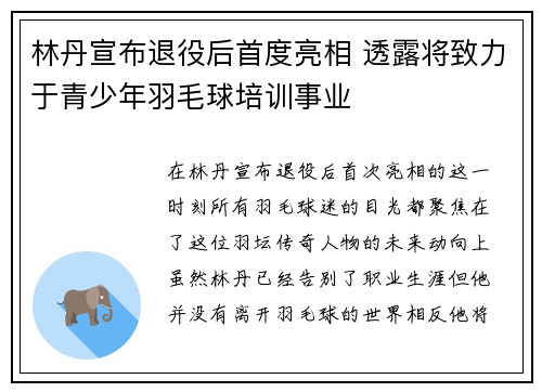 林丹宣布退役后首度亮相 透露将致力于青少年羽毛球培训事业