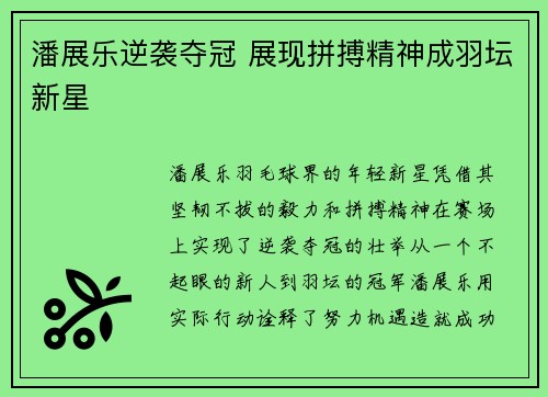 潘展乐逆袭夺冠 展现拼搏精神成羽坛新星