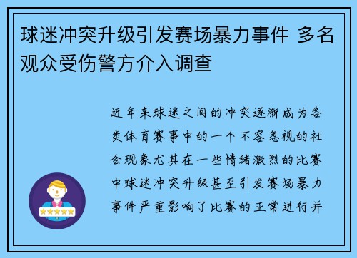 球迷冲突升级引发赛场暴力事件 多名观众受伤警方介入调查