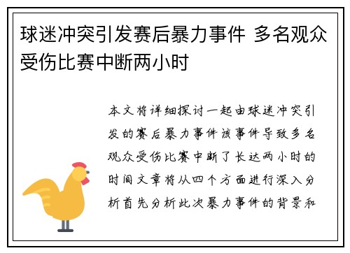 球迷冲突引发赛后暴力事件 多名观众受伤比赛中断两小时