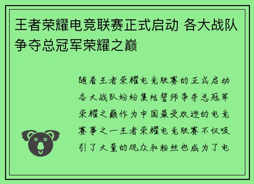 王者荣耀电竞联赛正式启动 各大战队争夺总冠军荣耀之巅